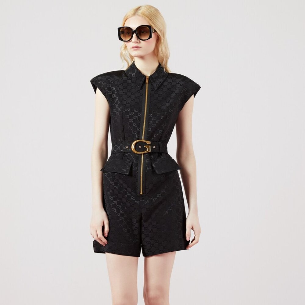 Gucci Black Monogram Jacquard Faille Jumpsuit with Belt